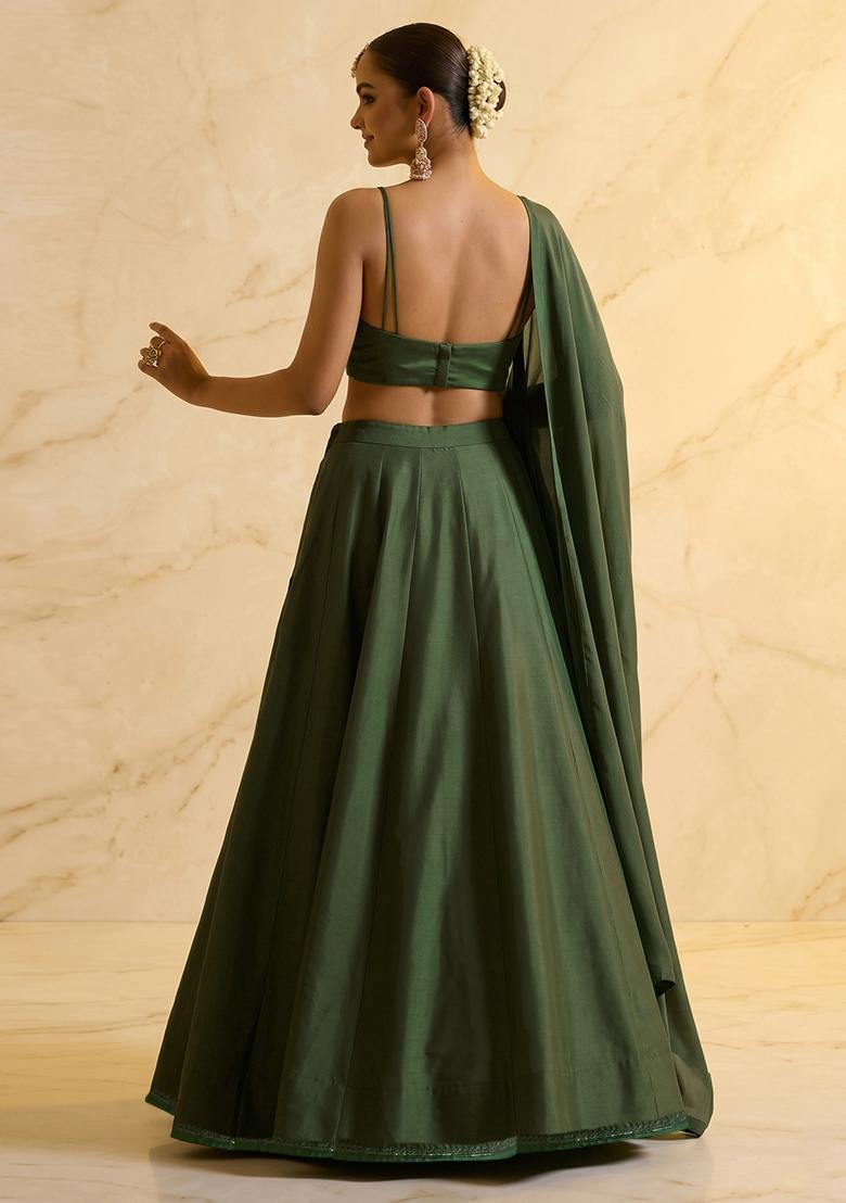 Olive Embroidered Handwork Lehenga Set - Indya