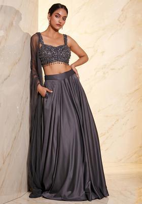 Dark Grey Embroidered Handwork Lehenga Set
