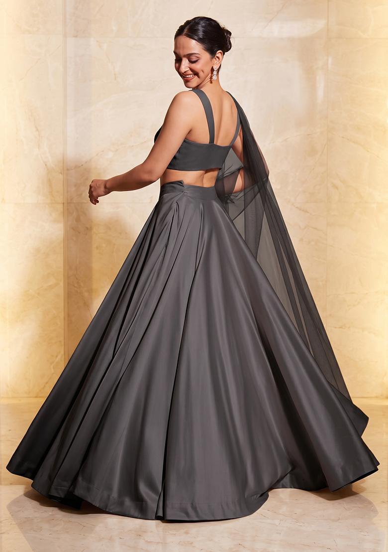 Dark Grey Embroidered Handwork Lehenga Set - Indya