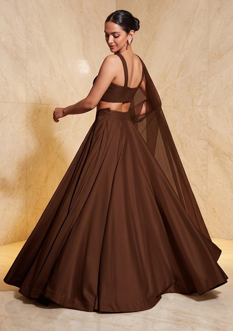 Brown Embroidered Handwork Lehenga Set - Indya