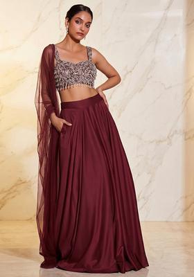 Wine Embroidered Handwork Lehenga Set