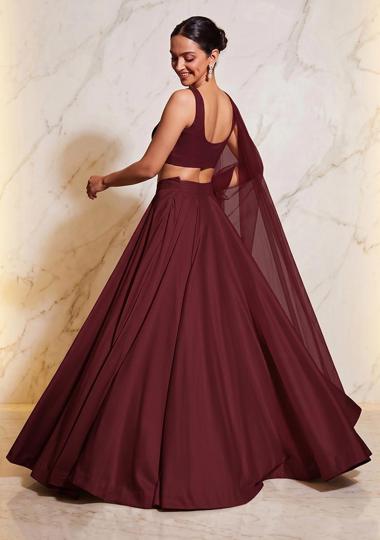 Wine Embroidered Handwork Lehenga Set - Indya