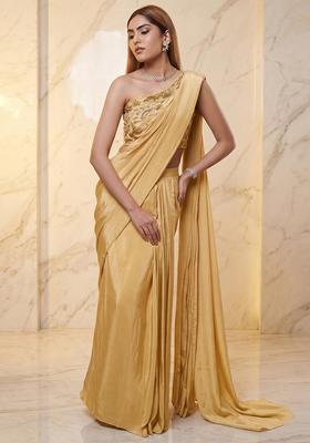 Gold Embroidered Handwork Pre Draped Saree Set