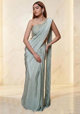 Mint Embroidered Handwork Pre Draped Saree Set