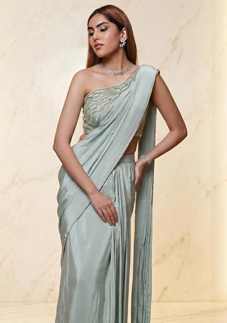 Mint Embroidered Handwork Pre Draped Saree Set - Indya