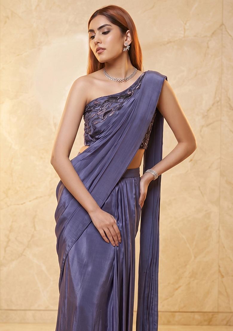 Purple Embroidered Handwork Pre Draped Saree Set - Indya
