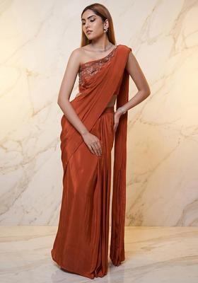 Rust Embroidered Handwork Pre Draped Saree Set