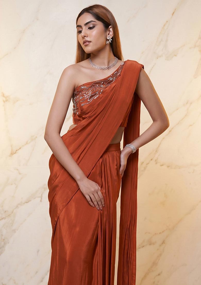Rust Embroidered Handwork Pre Draped Saree Set - Indya