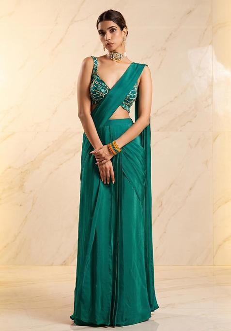 Green Embroidered Handwork Fusion Set