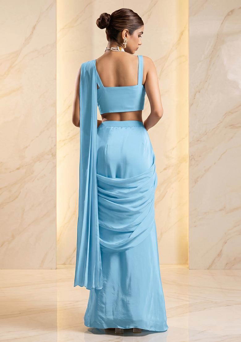 Light Blue Embroidered Handwork Fusion Set - Indya