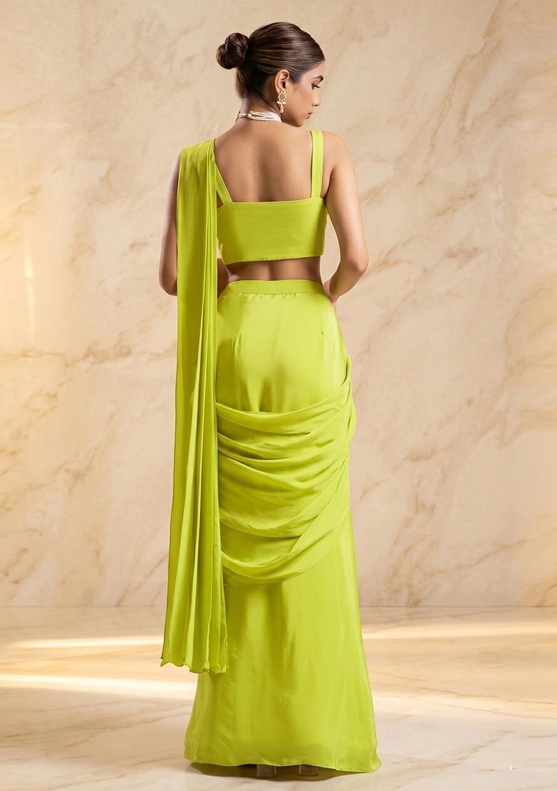 Lime Green Embroidered Handwork Fusion Set - Indya