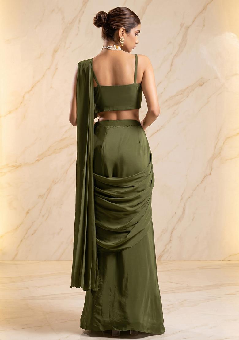Olive Green Embroidered Handwork Fusion Set - Indya