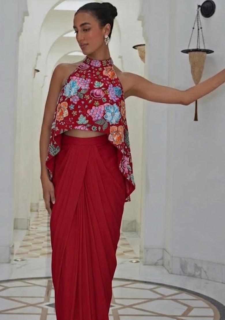 Red Printed Crepe Fusion Set - Indya