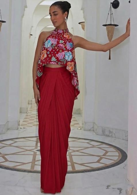 Red Printed Crepe Fusion Set