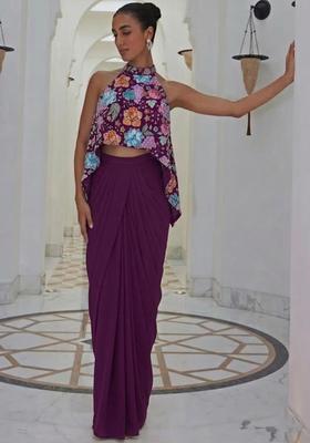 Purple Printed Crepe Fusion Set