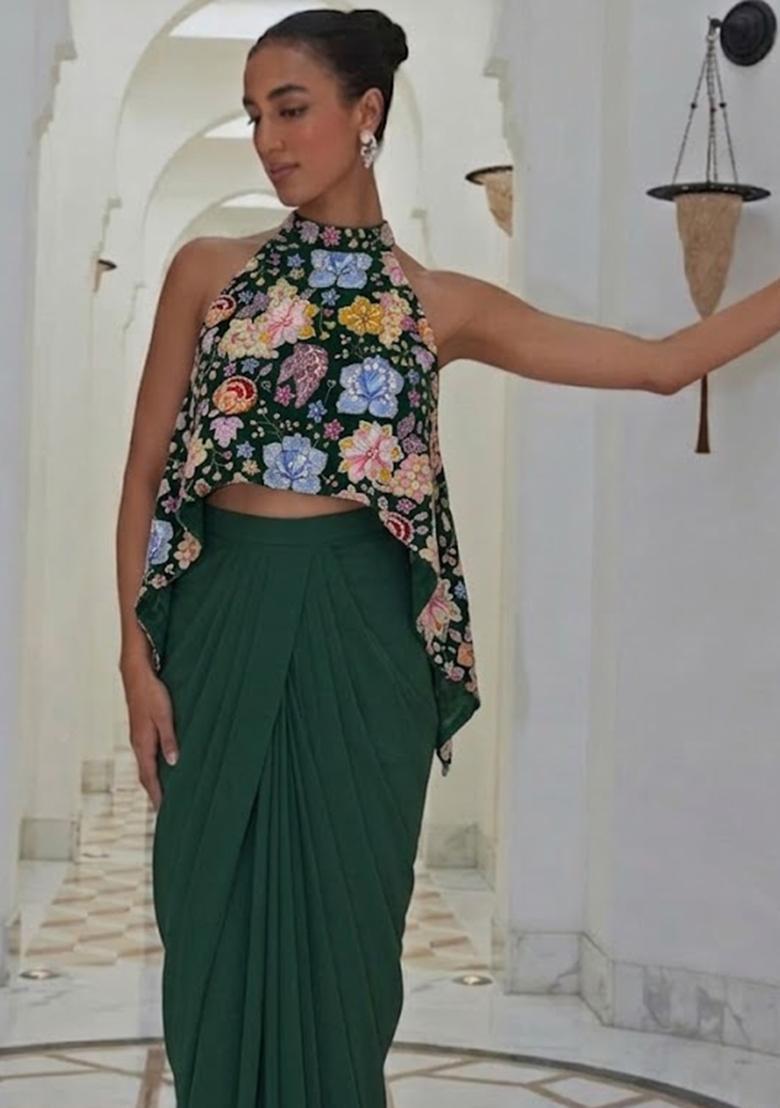 Dark Green Printed Crepe Fusion Set - Indya