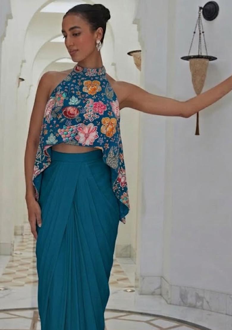 Blue Printed Crepe Fusion Set - Indya