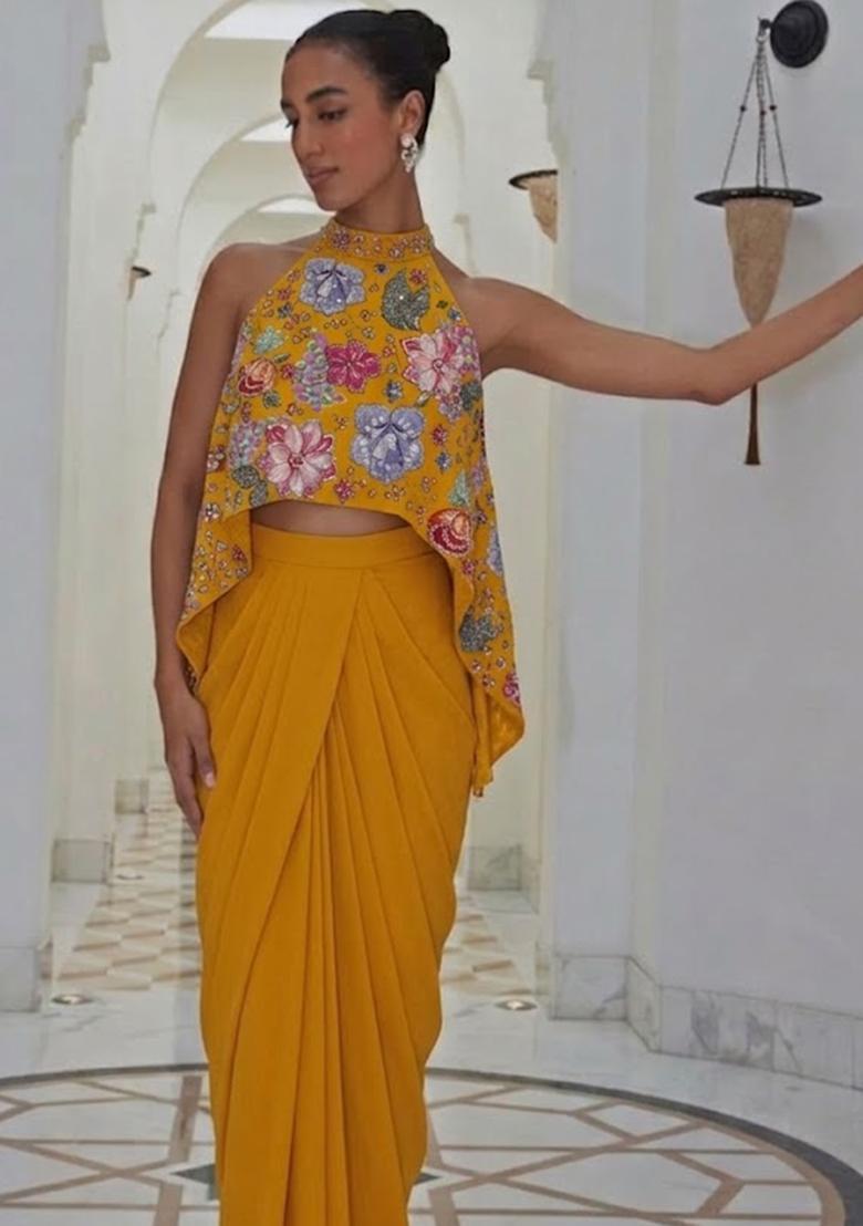 Mustard Yellow Printed Crepe Fusion Set - Indya