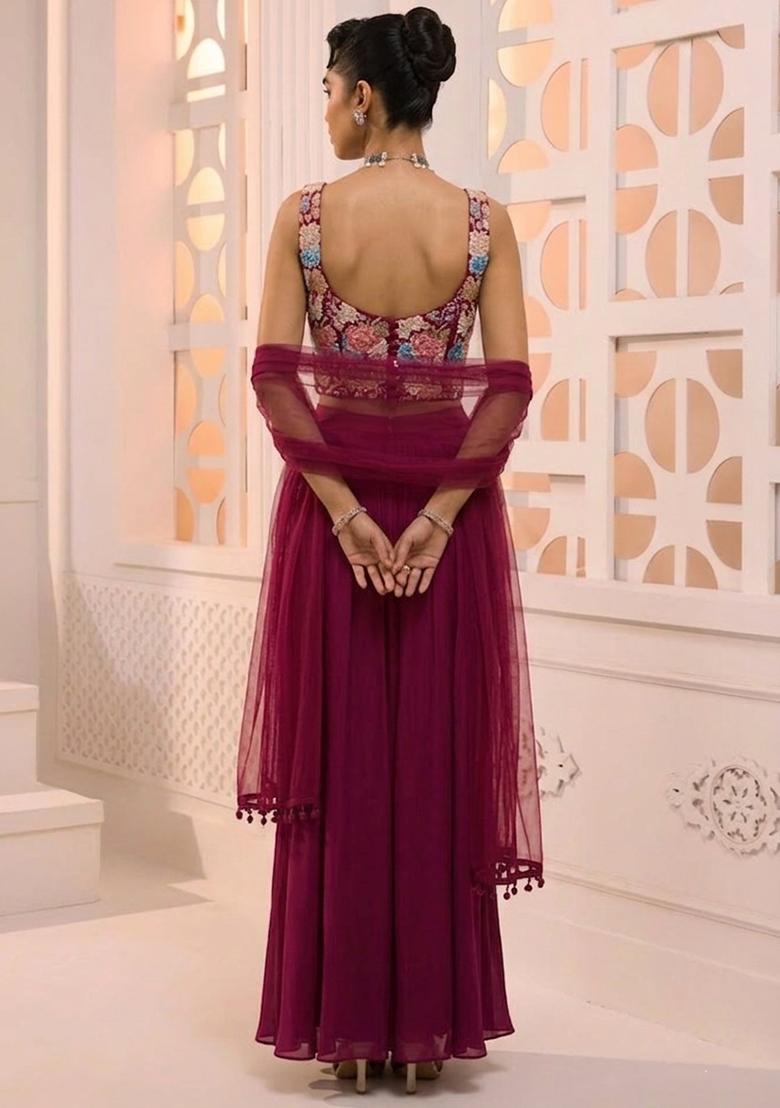 Dark Pink Printed Crepe Fusion Set - Indya