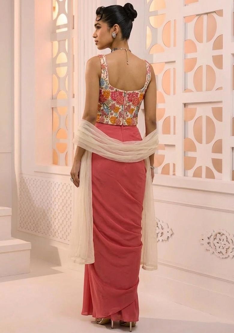 Dark Peach Printed Crepe Fusion Set - Indya