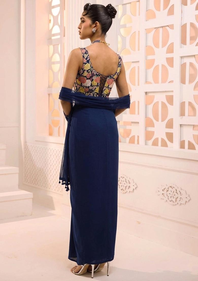Navy Blue Printed Crepe Fusion Set - Indya