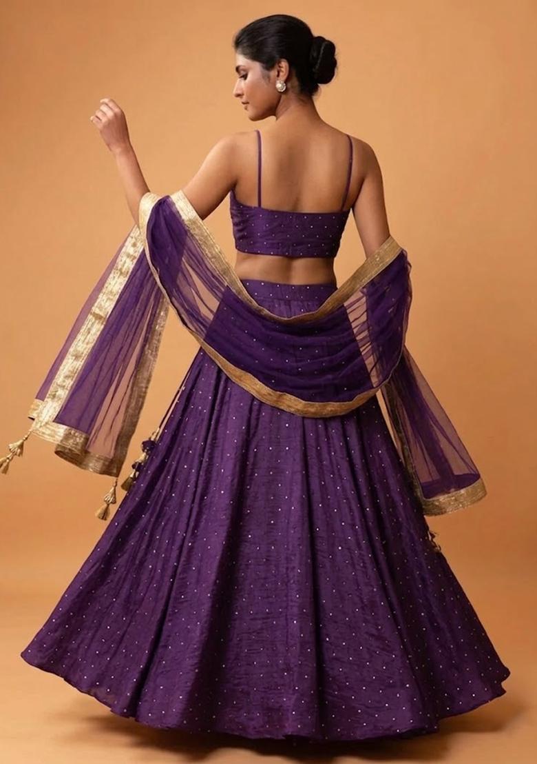 Purple Embroidered Silk Blend Lehenga Set - Indya