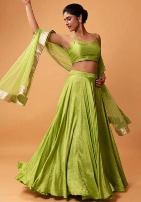 Light Green Embroidered Silk Blend Lehenga Set