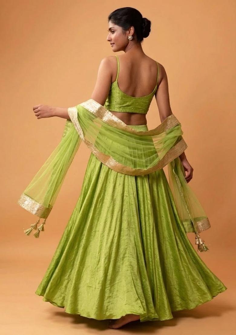 Light Green Embroidered Silk Blend Lehenga Set - Indya
