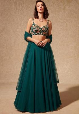 Dark Green Embroidered Silk Blend Lehenga Set