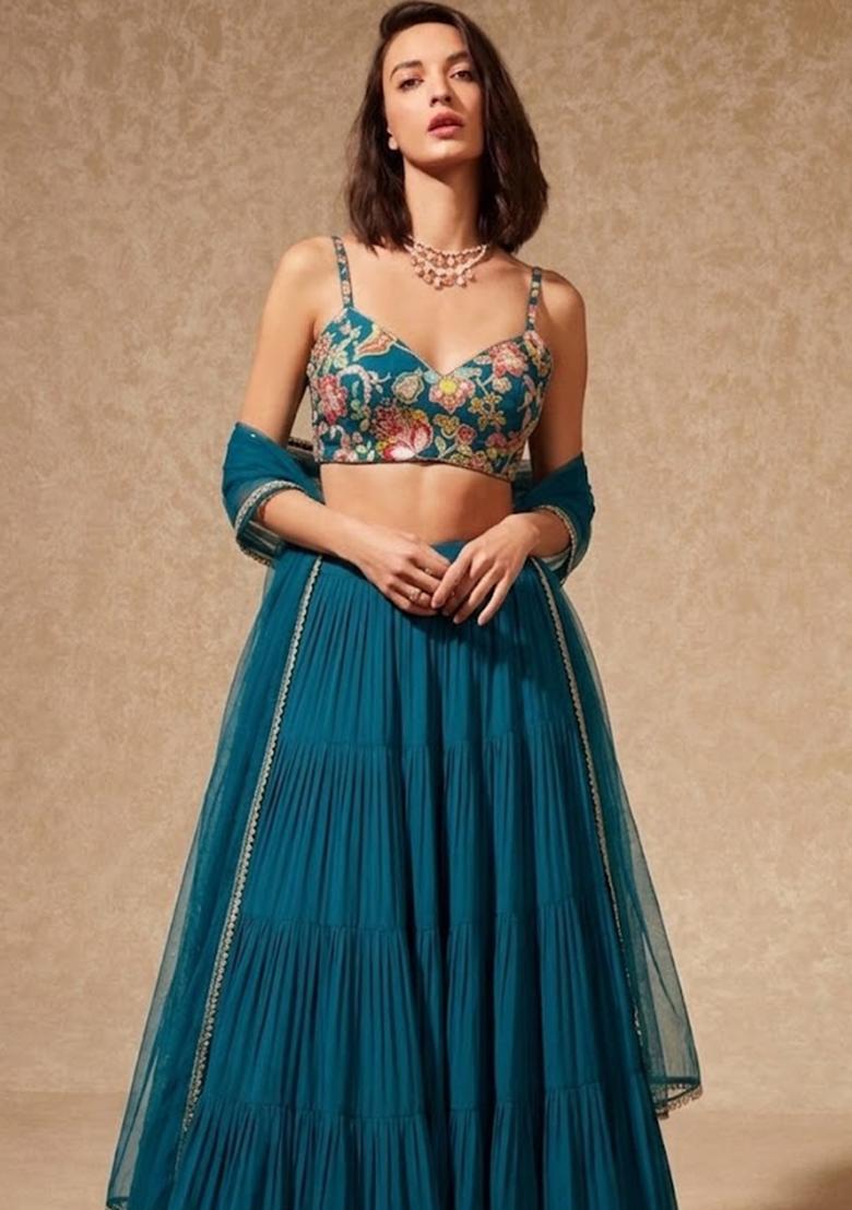 Blue Embroidered Silk Blend Lehenga Set - Indya