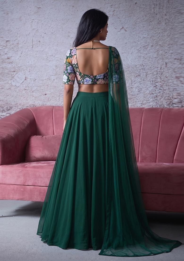 Dark Green Printed Crepe Lehenga Set - Indya
