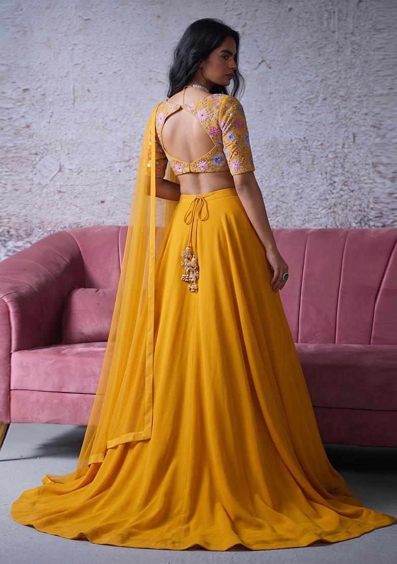 Yellow Printed Crepe Lehenga Set - Indya