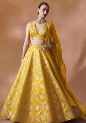 Yellow Jacquard Brocade Lehenga Set