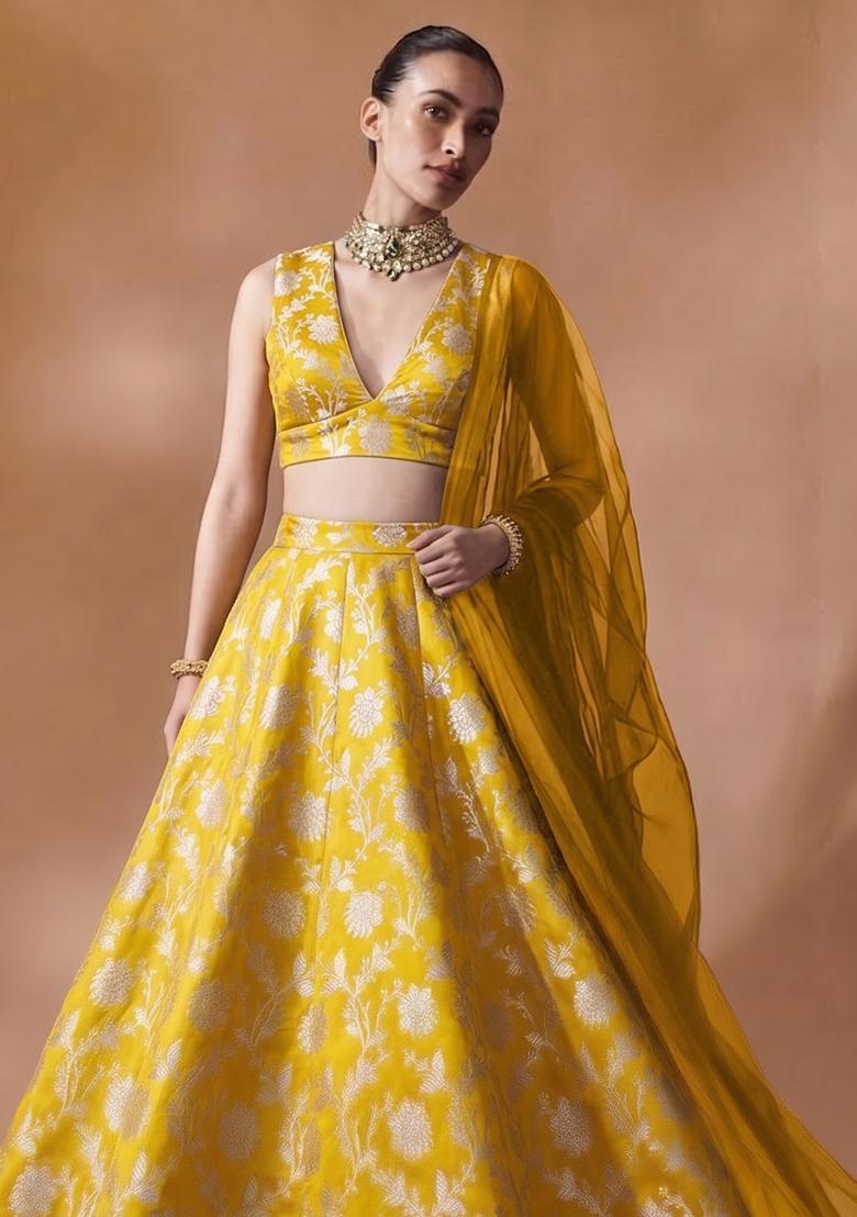 Yellow Jacquard Brocade Lehenga Set - Indya