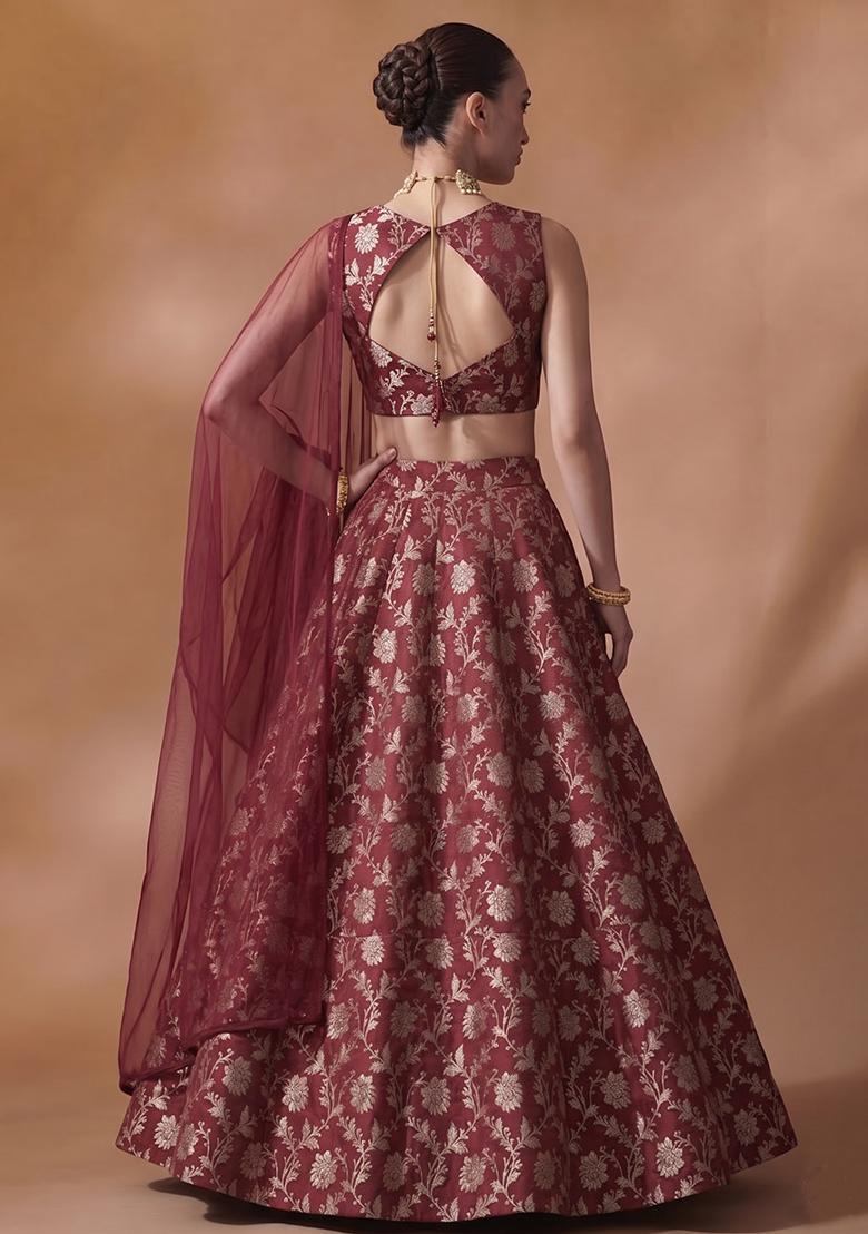 Dark Red Jacquard Brocade Lehenga Set - Indya