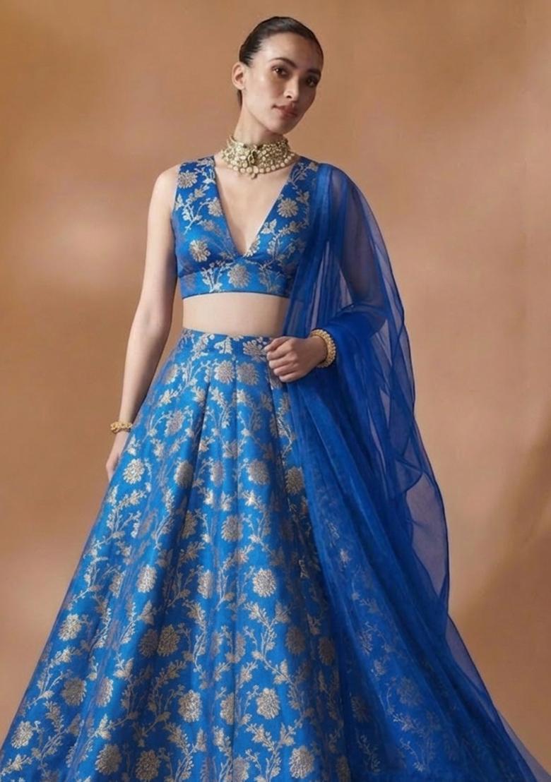 Blue Jacquard Brocade Lehenga Set - Indya