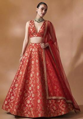 Orange Jacquard Brocade Lehenga Set