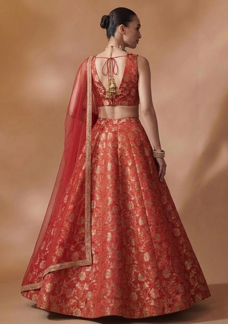 Orange Jacquard Brocade Lehenga Set - Indya