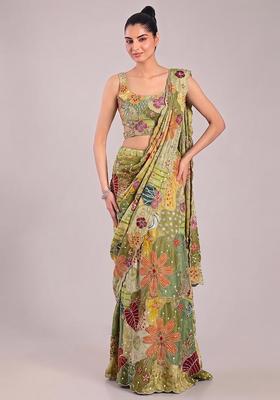 Green Printed Crepe Pre Draped Saree Set