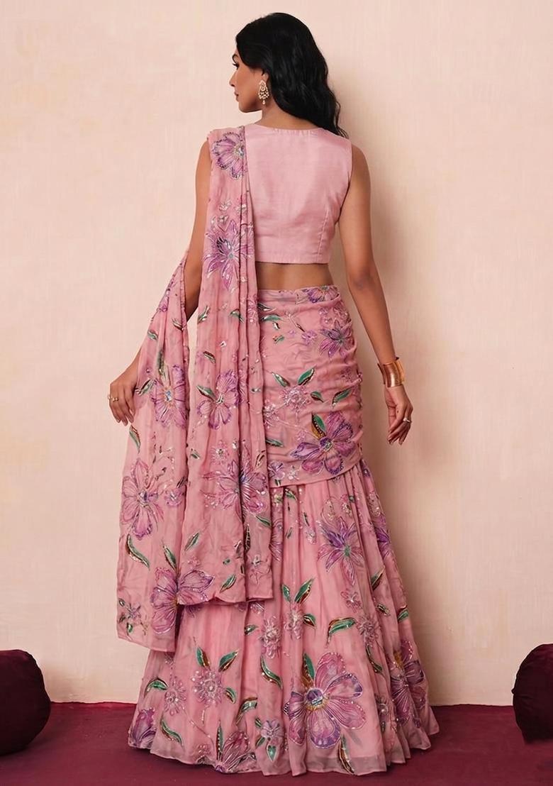 Light Pink Printed Organza Pre Draped Saree Set - Indya