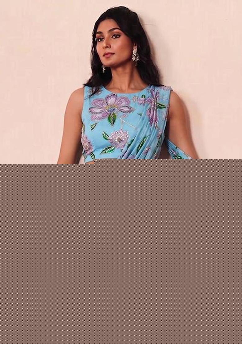 Light Blue Printed Organza Pre Draped Saree Set - Indya