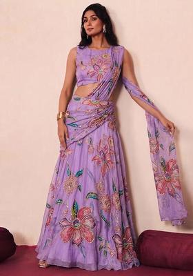 Lilac Printed Organza Pre Draped Saree Set