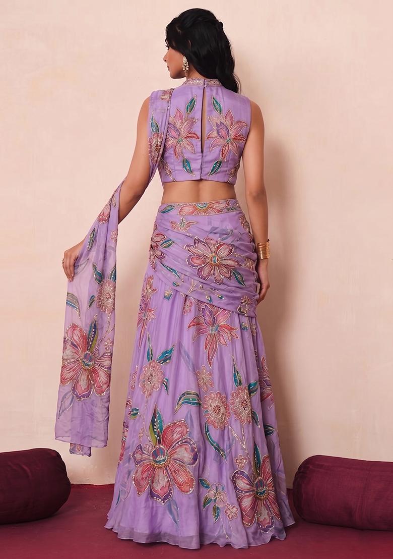 Lilac Printed Organza Pre Draped Saree Set - Indya