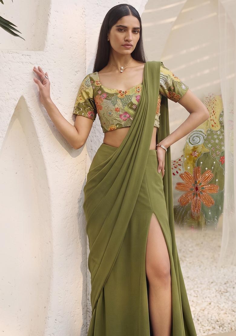 Green Printed Crepe Pre Draped Saree Set - Indya