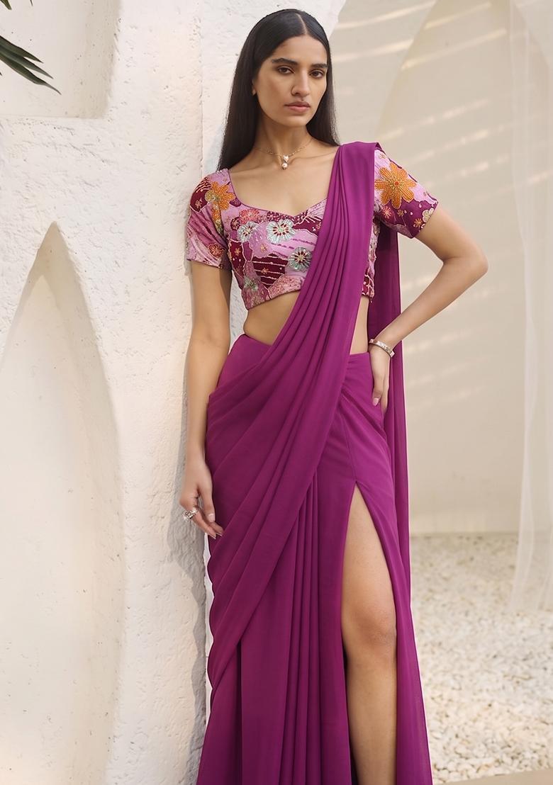 Dark Pink Printed Crepe Pre Draped Saree Set - Indya