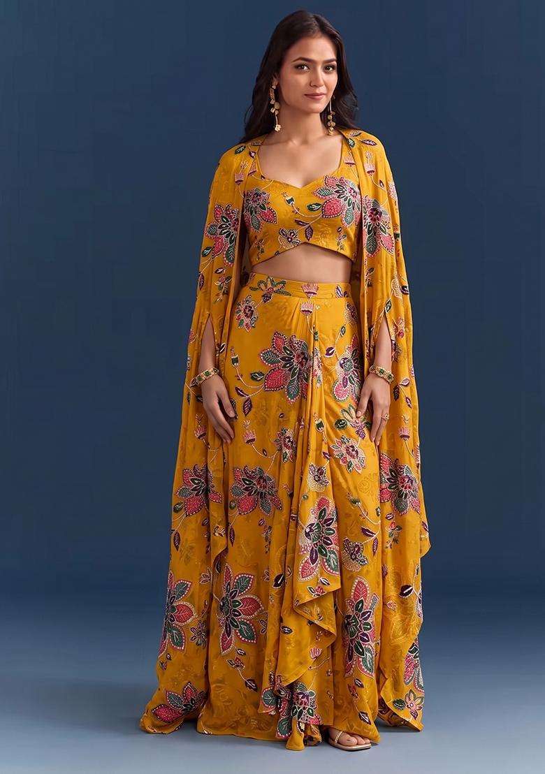 Mustard Yellow Printed Organza Fusion Set - Indya