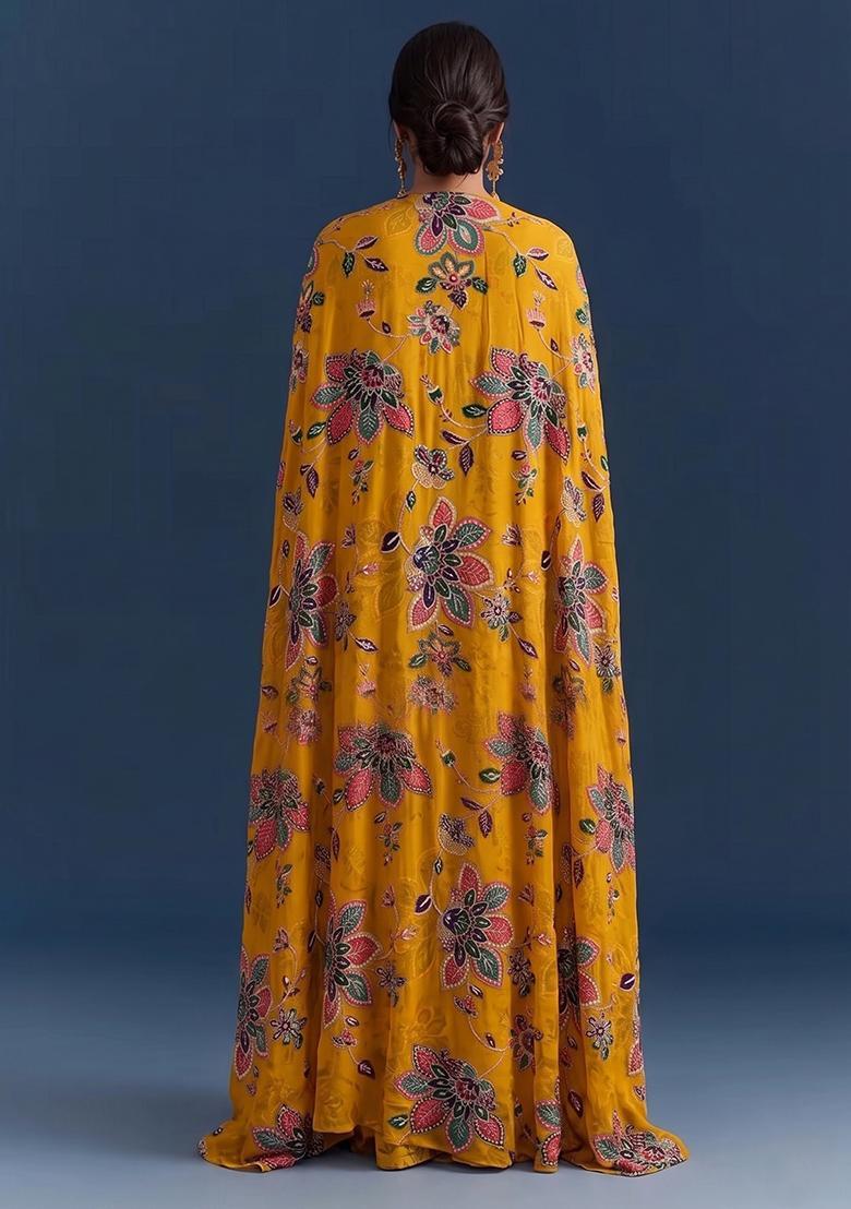 Mustard Yellow Printed Organza Fusion Set - Indya