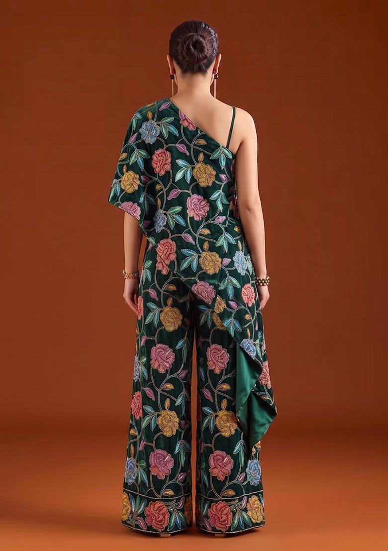 Dark Green Printed Crepe Fusion Set - Indya
