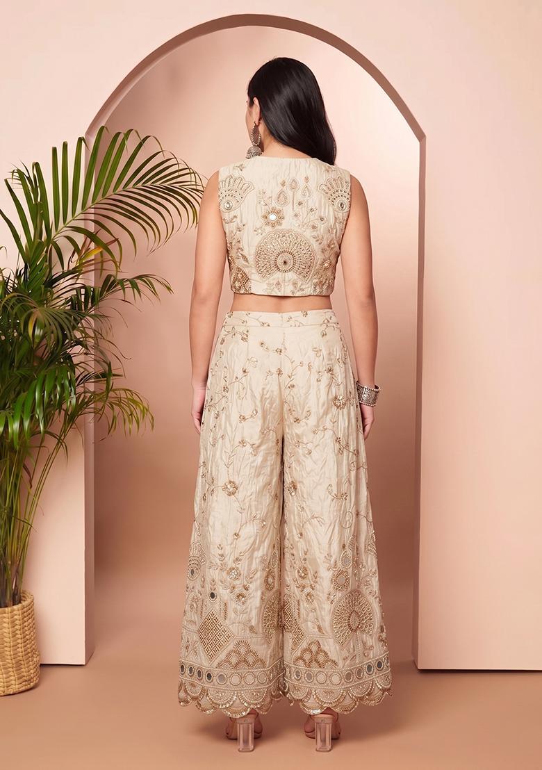 Off White Embroidered Cosmos Fusion Set - Indya