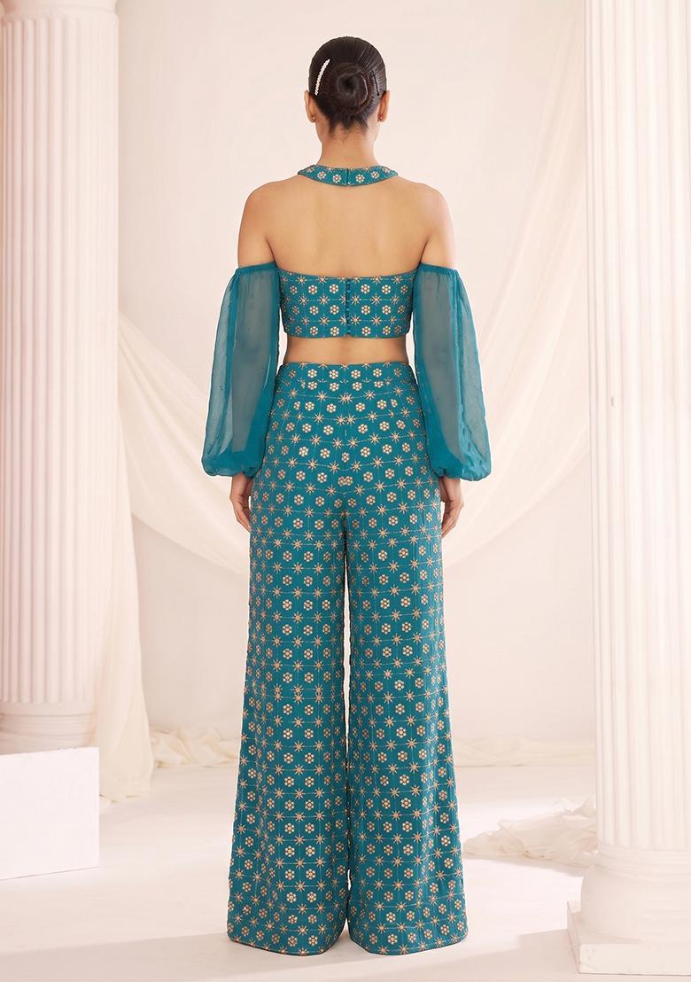 Teal Sequin Georgette Fusion Set - Indya